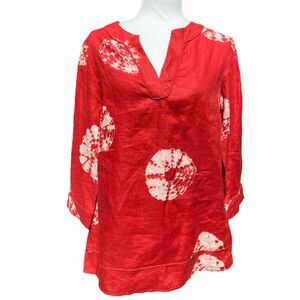 Lafayette 148 size 6 Red Bleach Tie-Dye 100% Linen Tunic‎ Top Blouse